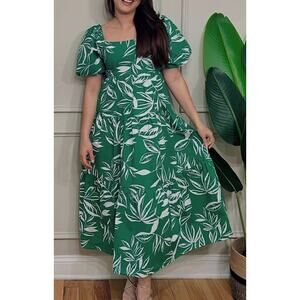 Meadow Rhodes Midi Dress Green & White Cotton Leaf Print A-line Puff Sleeve